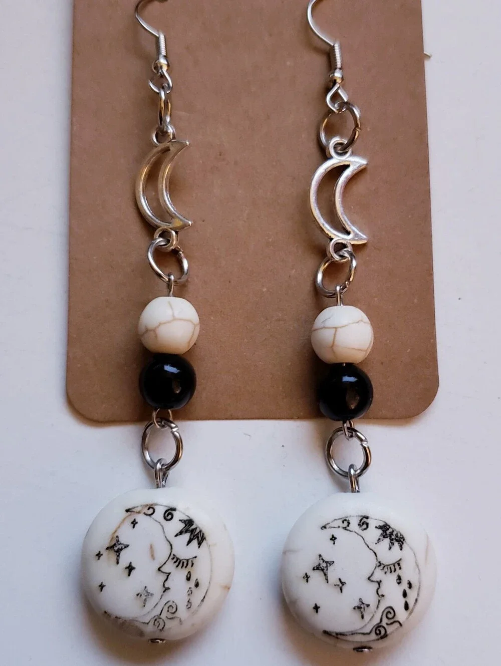 Handmade Beaded White Stone Boho Celestial Moon Star Earrings